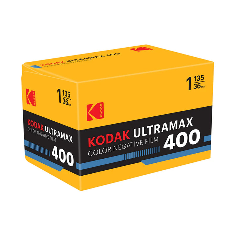 Kodak Ultramax 400 Color Negative Film 35mm retail box by ClubCamera.com with yellow and black packaging