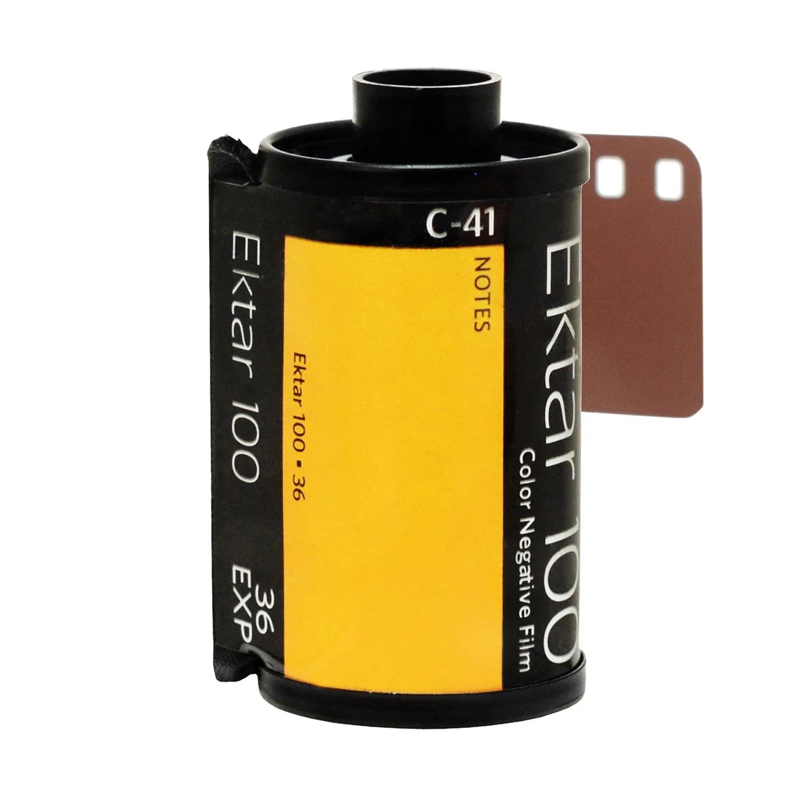 ClubCamera.com Kodak Ektar 100 black canister showing yellow label, C-41 text, and perforated leader tab