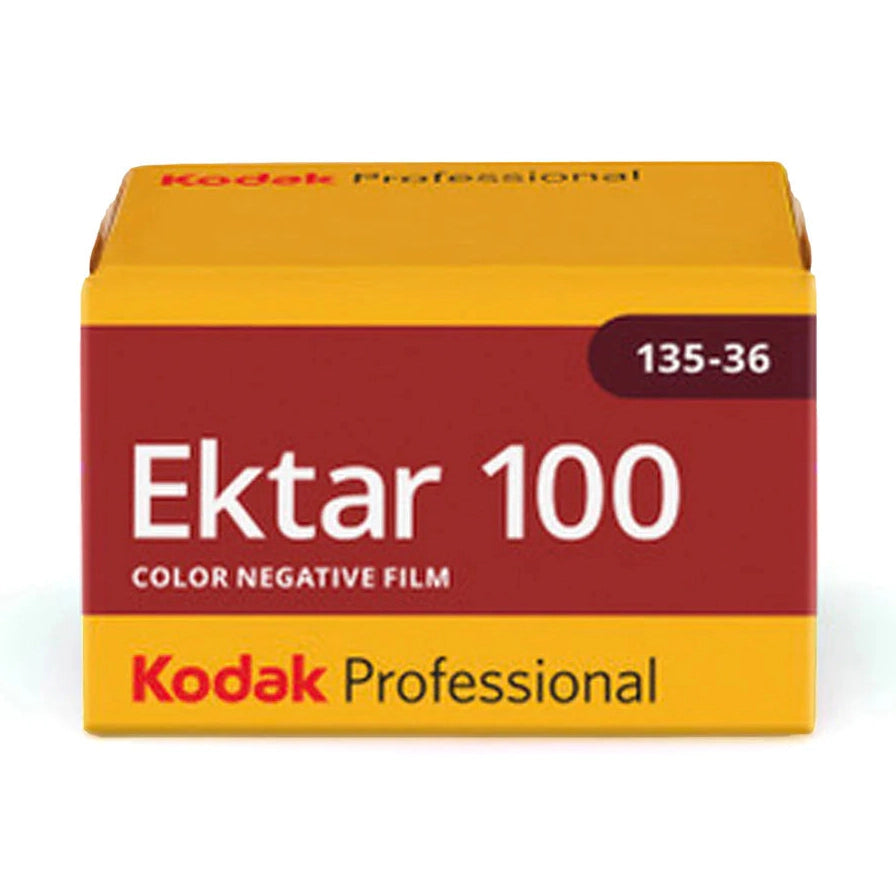 Kodak Ektar 100 35mm film box by ClubCamera.com with maroon and mustard-yellow packaging design