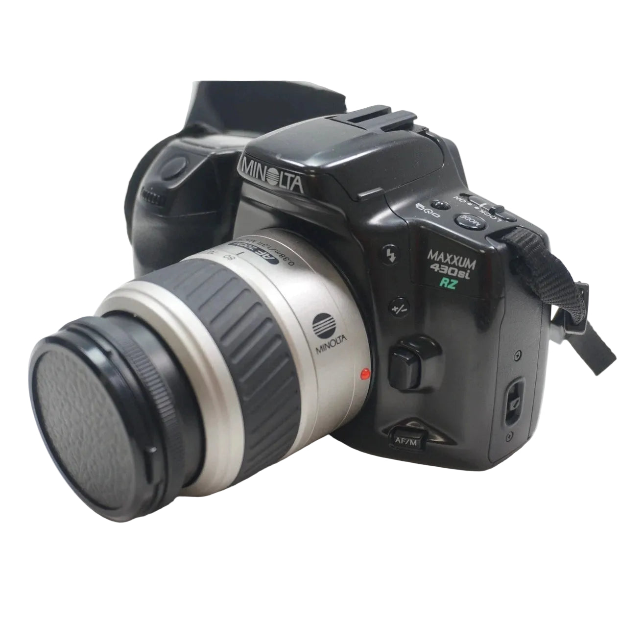 ClubCamera.com Minolta Maxxum 430si black SLR film camera with silver AF zoom lens and raised flash