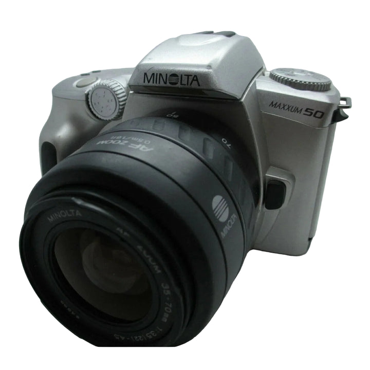 ClubCamera.com silver Minolta Maxxum 50 autofocus film camera front angle