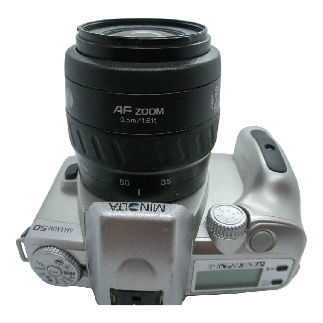 ClubCamera.com silver Minolta Maxxum 50 SLR with AF Zoom lens top view