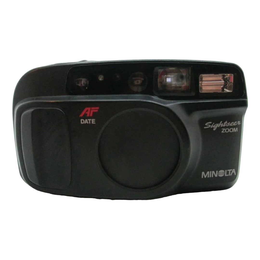 Front shot of black Minolta Sightseer Zoom 35mm point-and-shoot film camera with lens housing and AF DATE logo from ClubCamera.com