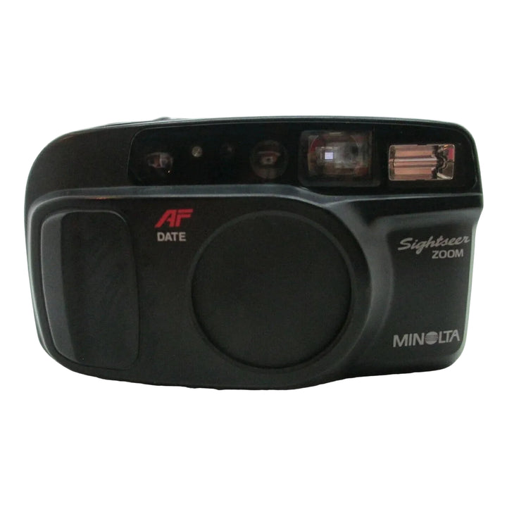 Front shot of black Minolta Sightseer Zoom 35mm point-and-shoot film camera with lens housing and AF DATE logo from ClubCamera.com