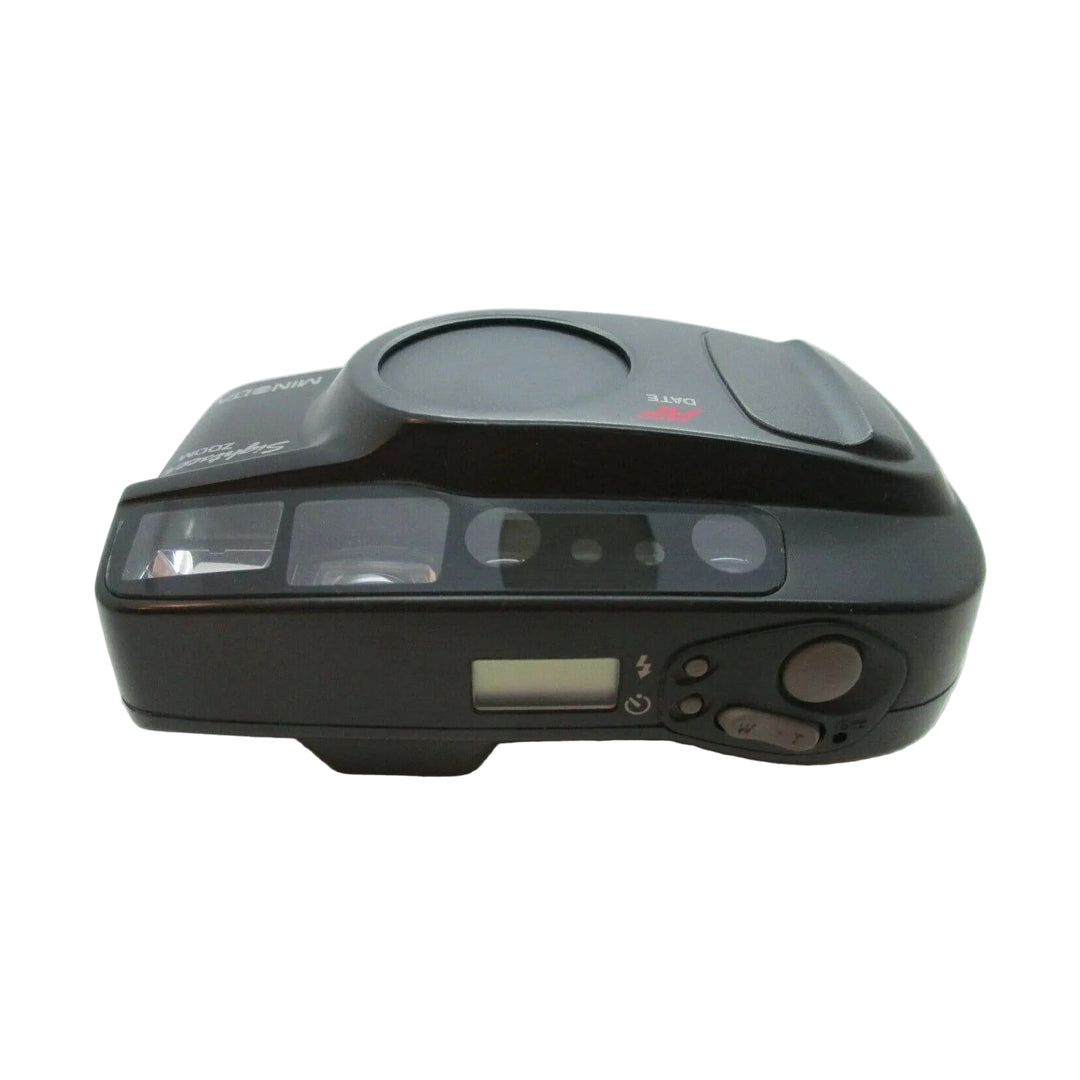 Side profile black Minolta Sightseer Zoom 35mm camera showing LCD screen AF DATE label and ergonomic contours by ClubCamera.com