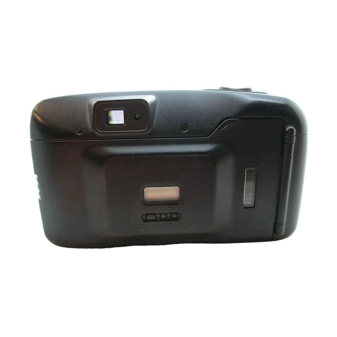 Rear view of black Minolta Sightseer Zoom 35mm film camera with viewfinder LED battery compartment and rewind lever at ClubCamera.com
