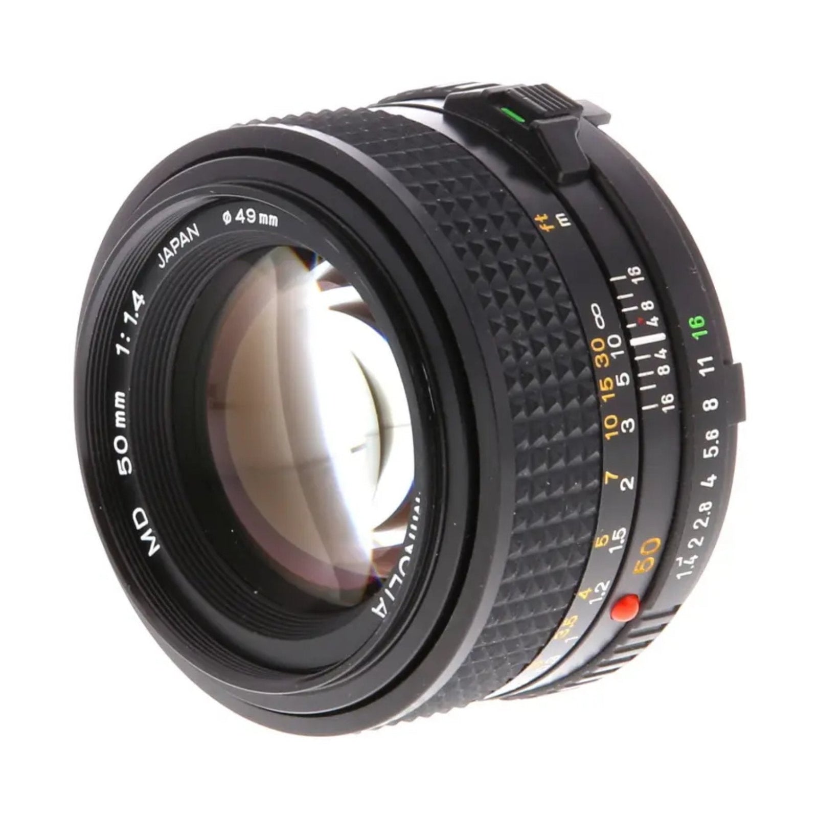 ClubCamera.com three-quarter view of black Minolta 50mm f/1.4 MD lens with green aperture lever