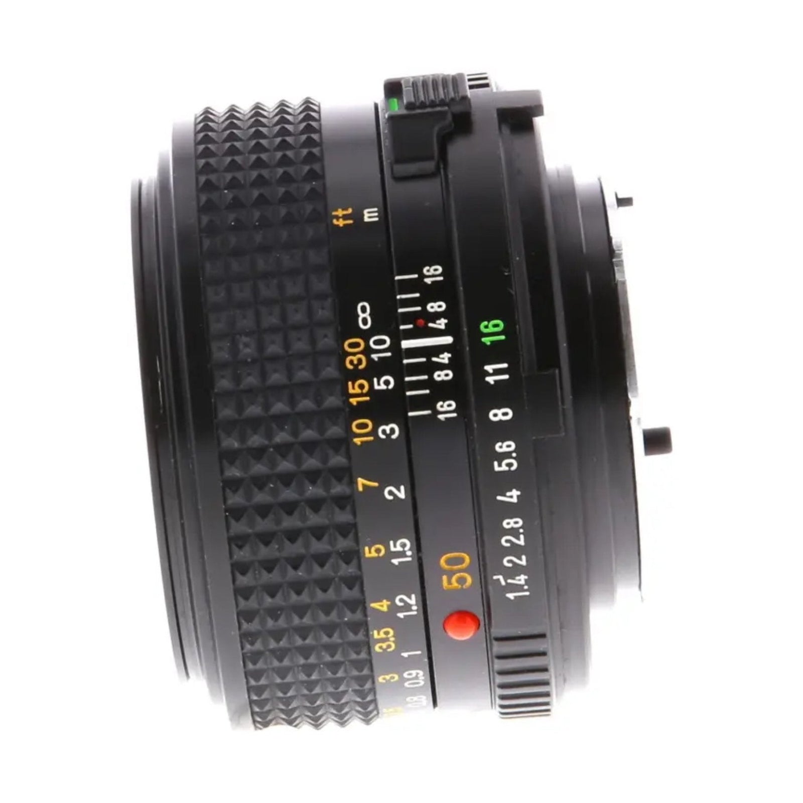 ClubCamera.com Minolta 50mm f/1.4 lens side profile with diamond grip ring and colored scales