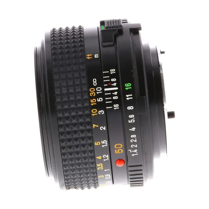 ClubCamera.com Minolta 50mm f/1.4 lens side profile with diamond grip ring and colored scales