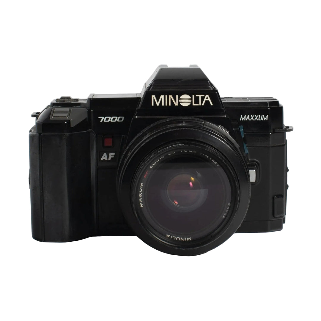 Front shot of vintage black Minolta 7000 35mm SLR with Maxxum AF zoom lens at ClubCamera.com