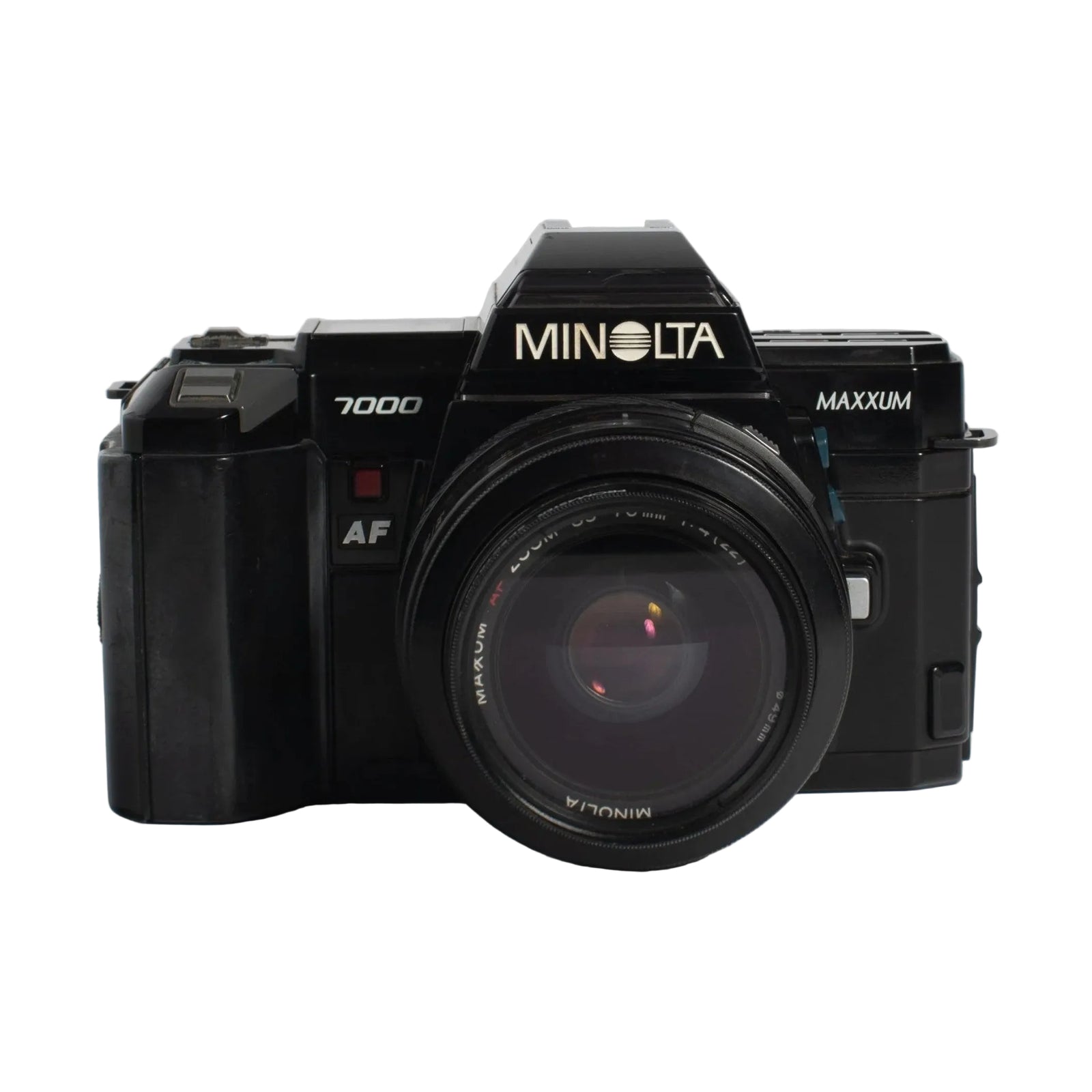 Front shot of vintage black Minolta 7000 35mm SLR with Maxxum AF zoom lens at ClubCamera.com