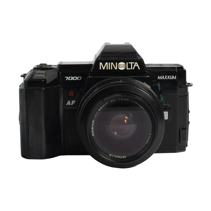 Front shot of vintage black Minolta 7000 35mm SLR with Maxxum AF zoom lens at ClubCamera.com
