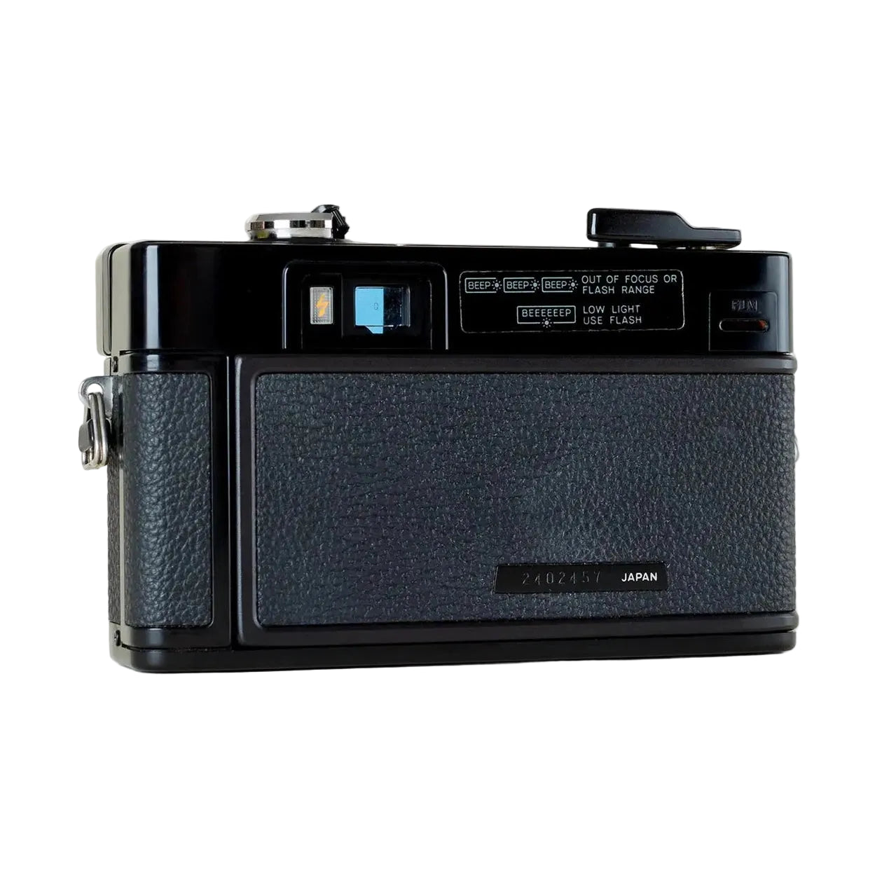 Rear of black Minolta Hi-Matic AF2 showing autofocus window and focus alert labels from ClubCamera.com