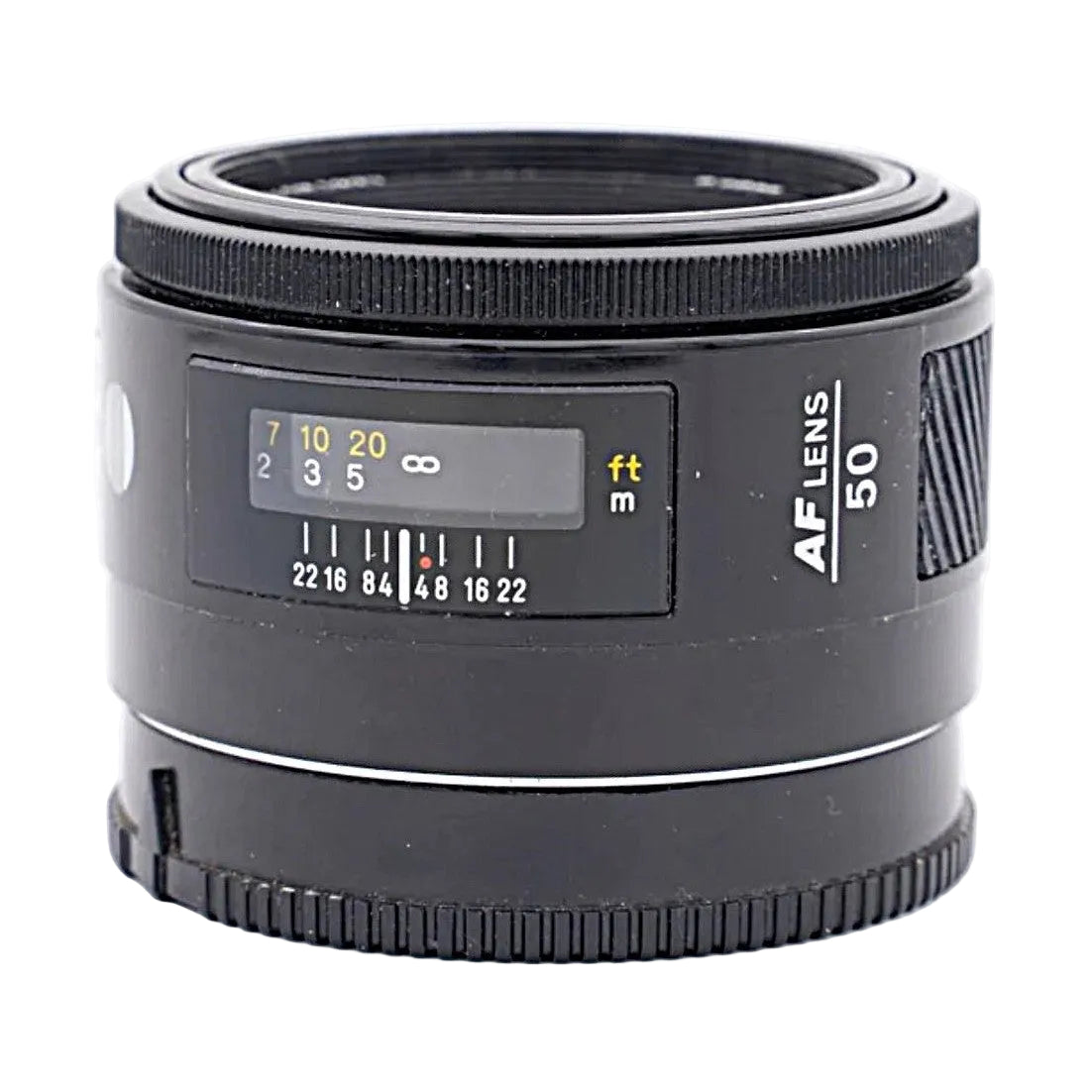 Minolta AF 50mm F1.7 lens side view with focus distance window and rubber grip rings at ClubCamera.com