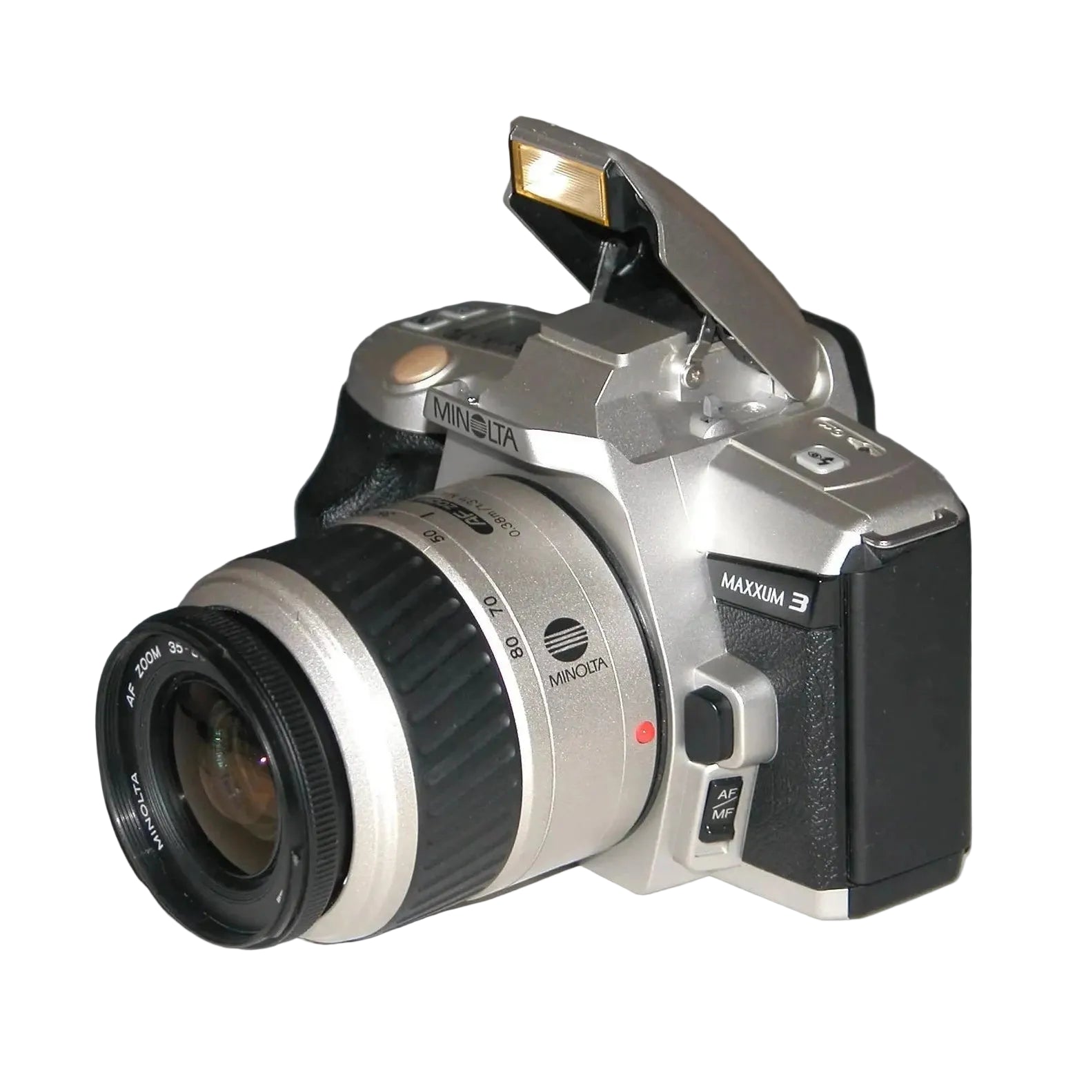 Minolta Maxxum 3 SLR film camera kit with AF Zoom lens at ClubCamera.com showing raised flash and silver black body