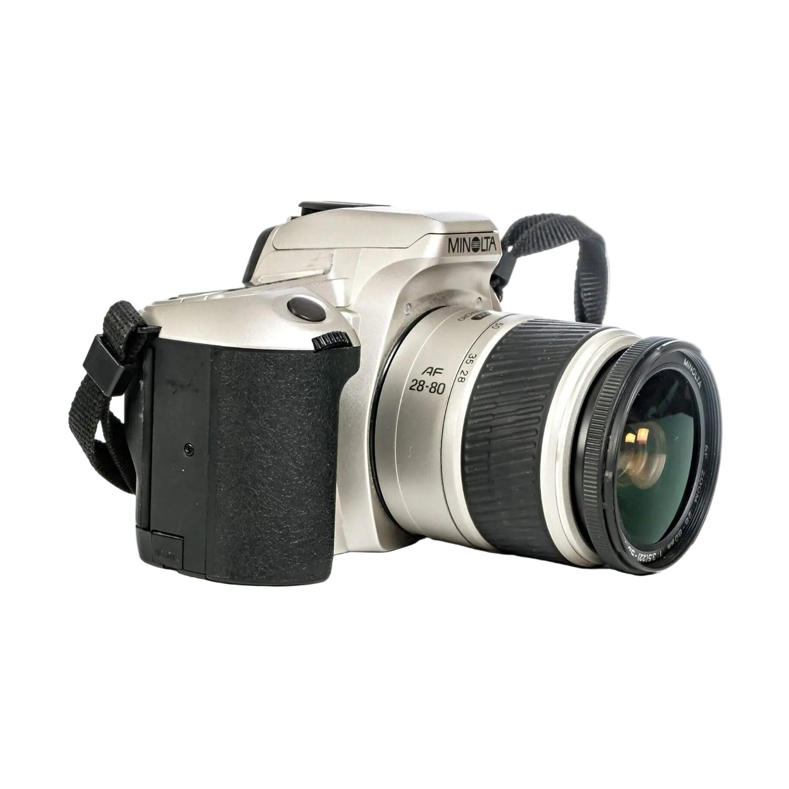 Silver Minolta Maxxum STsi SLR film camera with AF 28-80mm zoom lens and black grip at ClubCamera.com