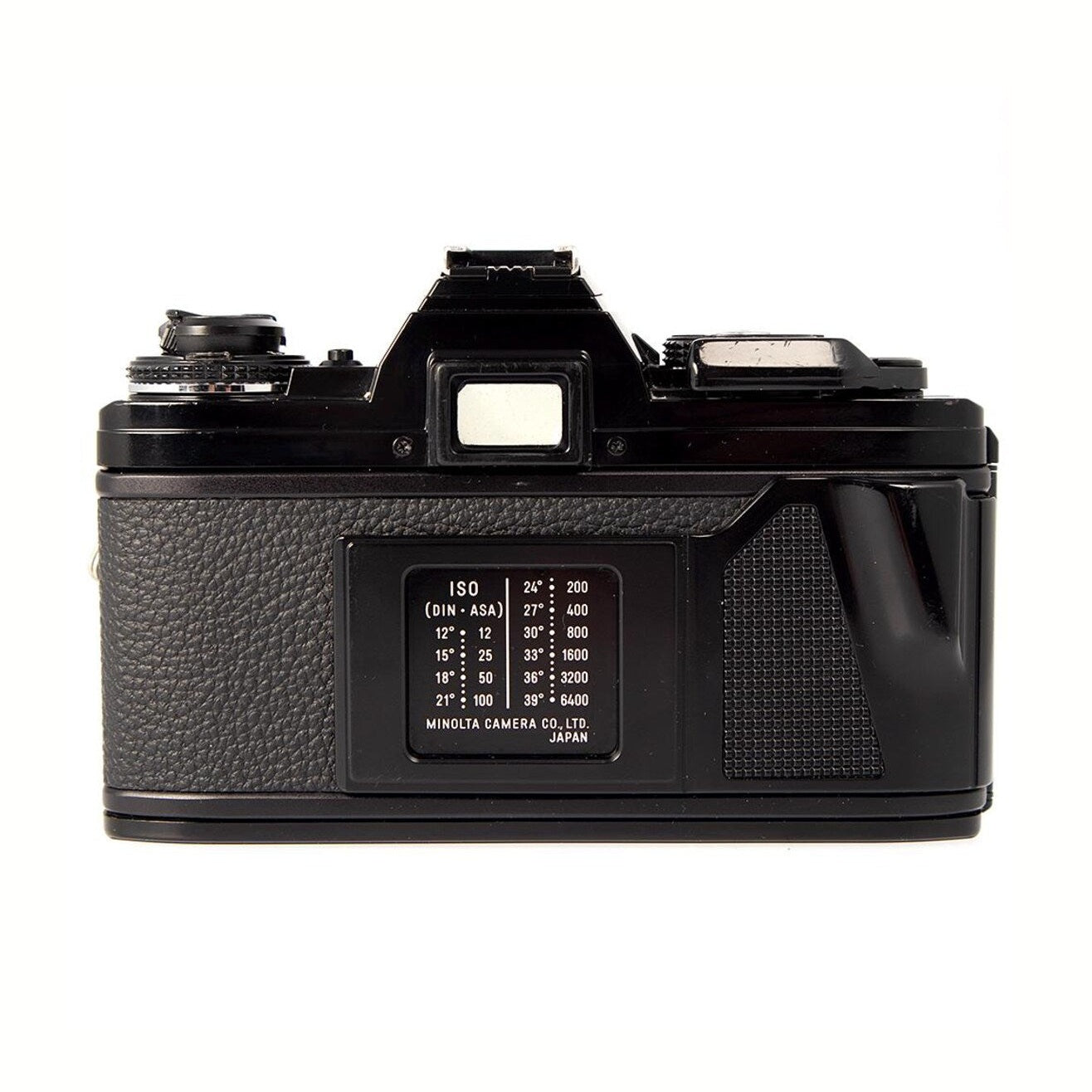 ClubCamera.com rear view of black Minolta X-700 SLR featuring ISO exposure guide plate and textured grip surface