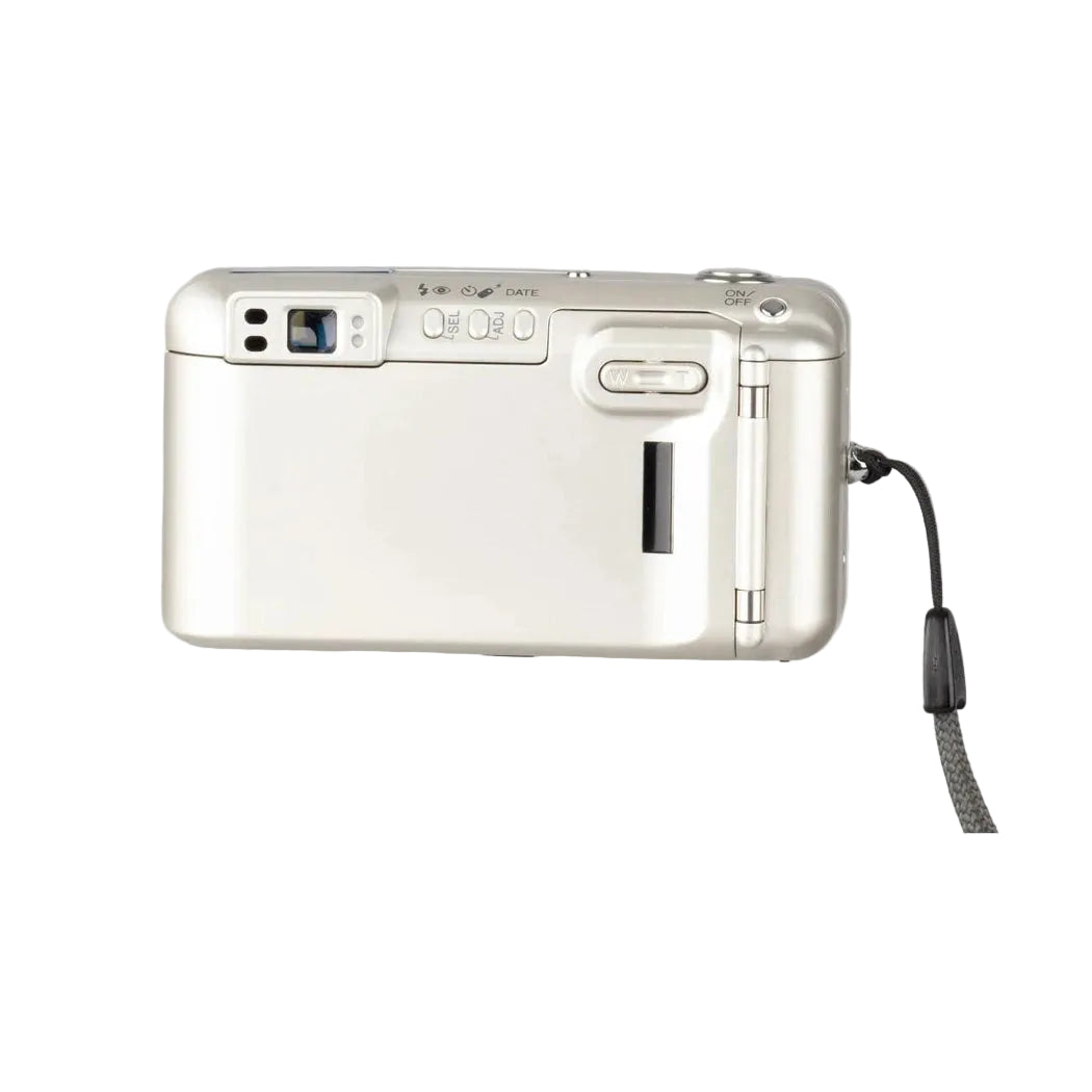 ClubCamera.com rear view of silver Minolta Freedom Zoom 140 displaying control buttons SEL ADJ DATE and film door