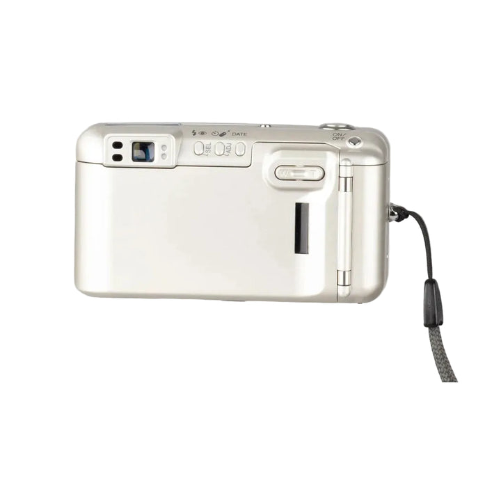 ClubCamera.com rear view of silver Minolta Freedom Zoom 140 displaying control buttons SEL ADJ DATE and film door