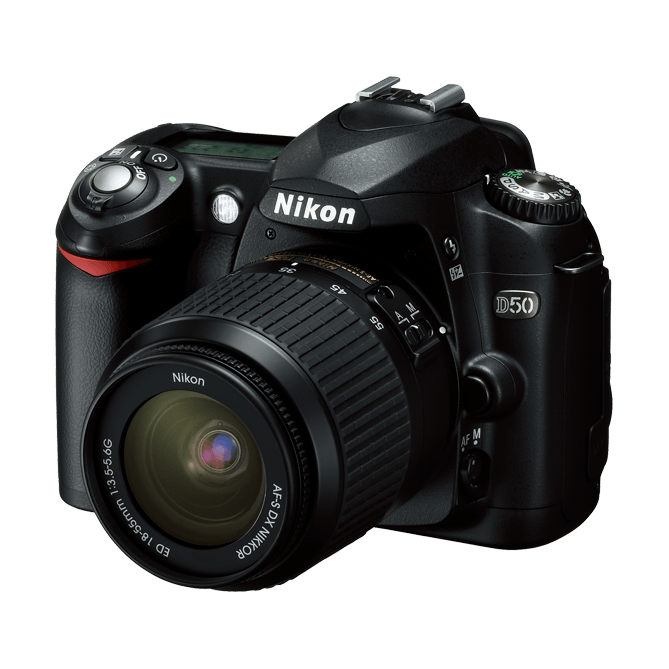 Nikon D50 DSLR camera with 18-55mm lens at ClubCamera.com showing textured grip and mode dial
