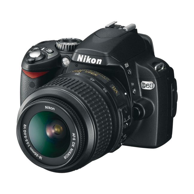 Nikon D60 DSLR camera in black with 18-55mm VR lens by ClubCamera.com showing textured grip and mode dial