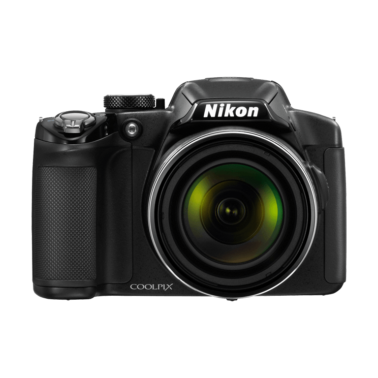 Front view of black Nikon COOLPIX P510 superzoom camera with silver-ringed lens and green anti-reflective coating, ClubCamera.com