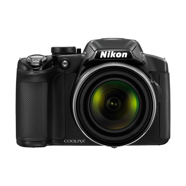 Front view of black Nikon COOLPIX P510 superzoom camera with silver-ringed lens and green anti-reflective coating, ClubCamera.com
