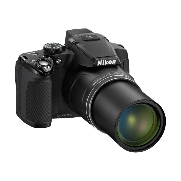 Side profile of black Nikon COOLPIX P510 with extended zoom lens and textured rubber grip for secure handling, ClubCamera.com