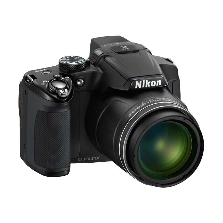 Black Nikon COOLPIX P510 three-quarter angle highlighting NIKKOR 42x optical zoom lens markings and GPS indicator, ClubCamera.com