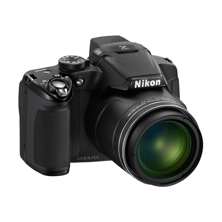 Black Nikon COOLPIX P510 three-quarter angle highlighting NIKKOR 42x optical zoom lens markings and GPS indicator, ClubCamera.com