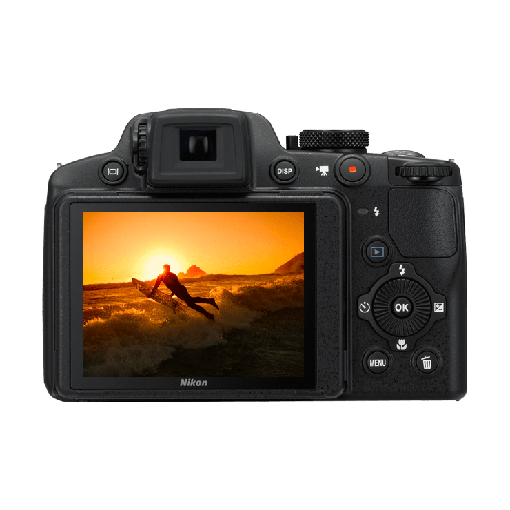 Nikon COOLPIX P510 black digital camera rear view with tilting LCD showing sunset surfer photo, ClubCamera.com