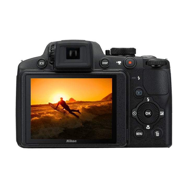 Nikon COOLPIX P510 black digital camera rear view with tilting LCD showing sunset surfer photo, ClubCamera.com