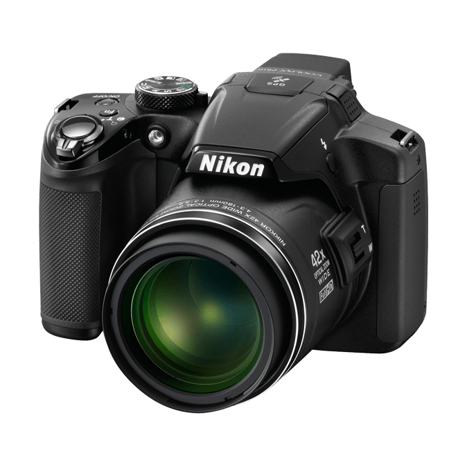 Close-up of black Nikon COOLPIX P510 emphasizing 42x wide optical zoom lens barrel text and multi-coated glass reflections, ClubCamera.com