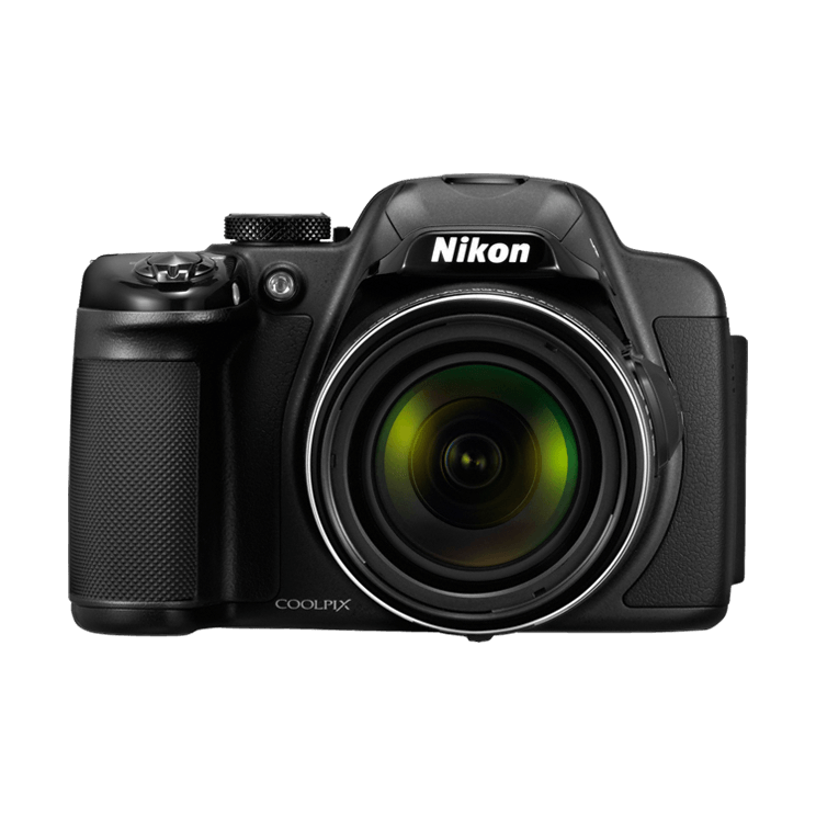 ClubCamera.com black Nikon COOLPIX P520 digital camera front view with green lens coatings
