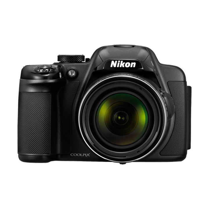 ClubCamera.com black Nikon COOLPIX P520 digital camera front view with green lens coatings