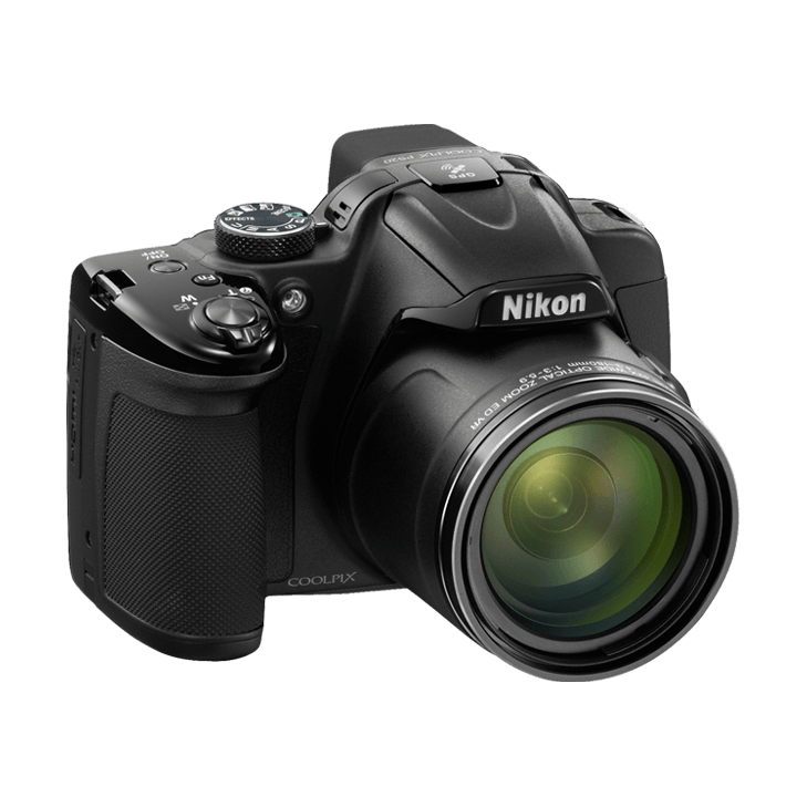 ClubCamera.com Nikon COOLPIX P520 side angle showing NIKKOR 42x zoom lens and mode dial