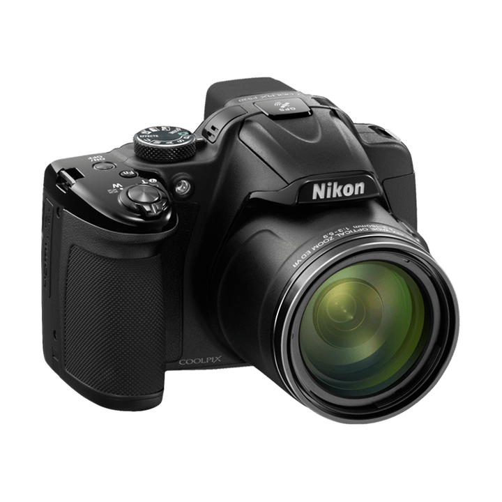ClubCamera.com Nikon COOLPIX P520 side angle showing NIKKOR 42x zoom lens and mode dial