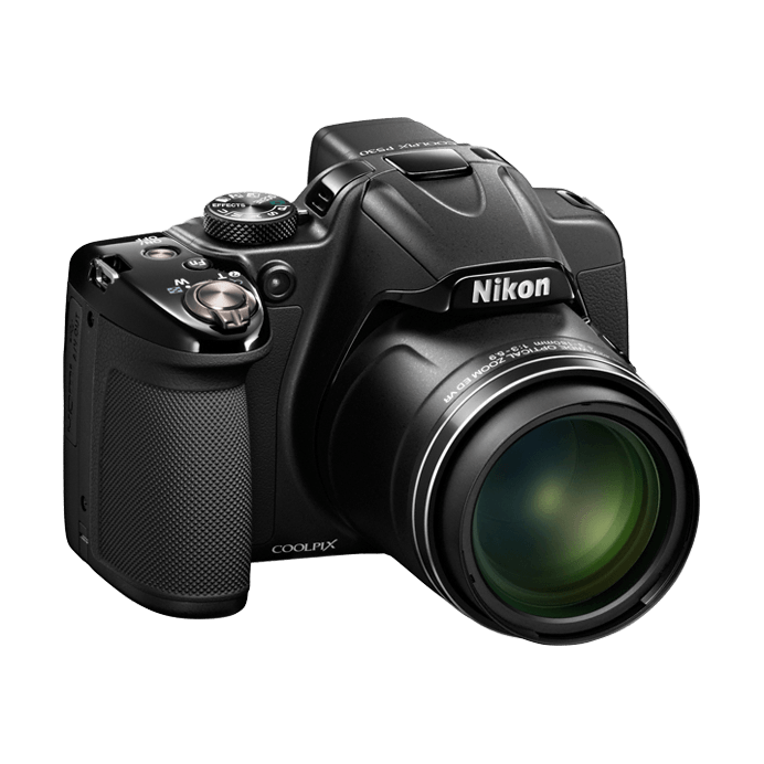 Black Nikon COOLPIX P530 bridge camera showing DSLR grip, mode dial settings, and NIKKOR 42x zoom specs from ClubCamera.com