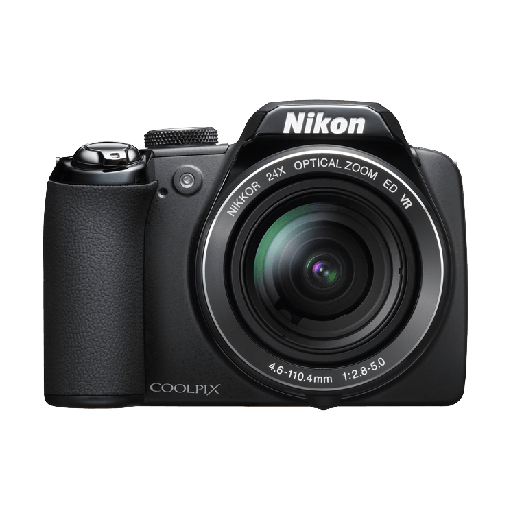 ClubCamera.com black Nikon COOLPIX P90 superzoom camera direct frontal shot showing silver ring accents and matte finish