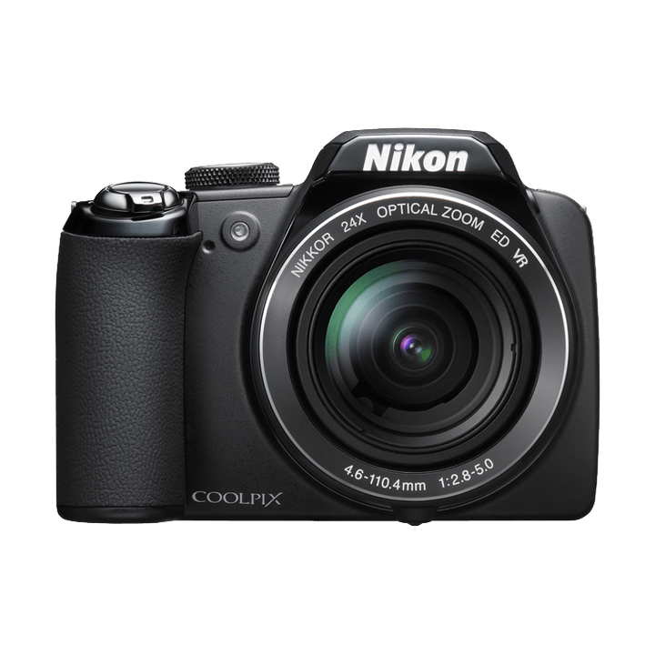 ClubCamera.com black Nikon COOLPIX P90 superzoom camera direct frontal shot showing silver ring accents and matte finish