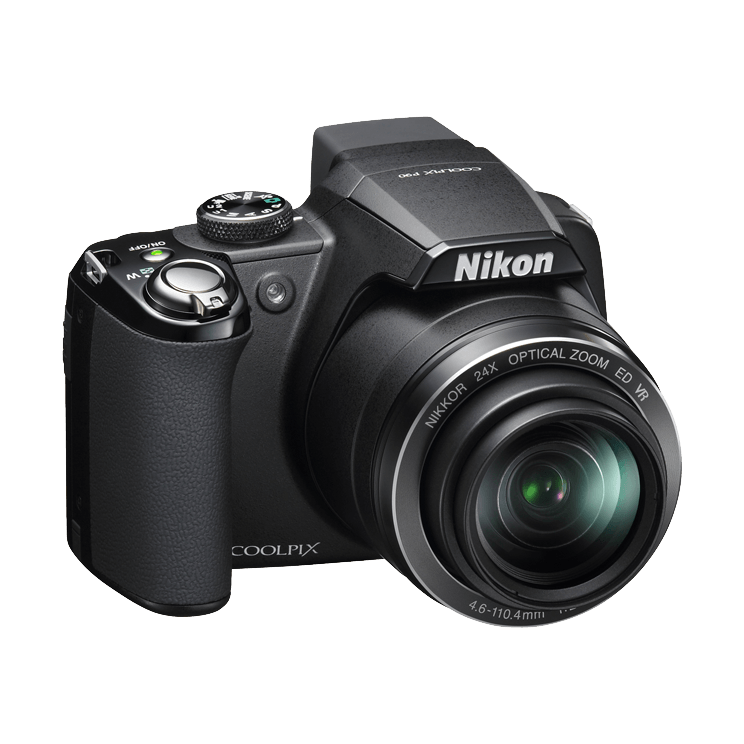 ClubCamera.com black Nikon COOLPIX P90 side profile highlighting rubberized handgrip, power switch, and NIKKOR 24x optical zoom barrel