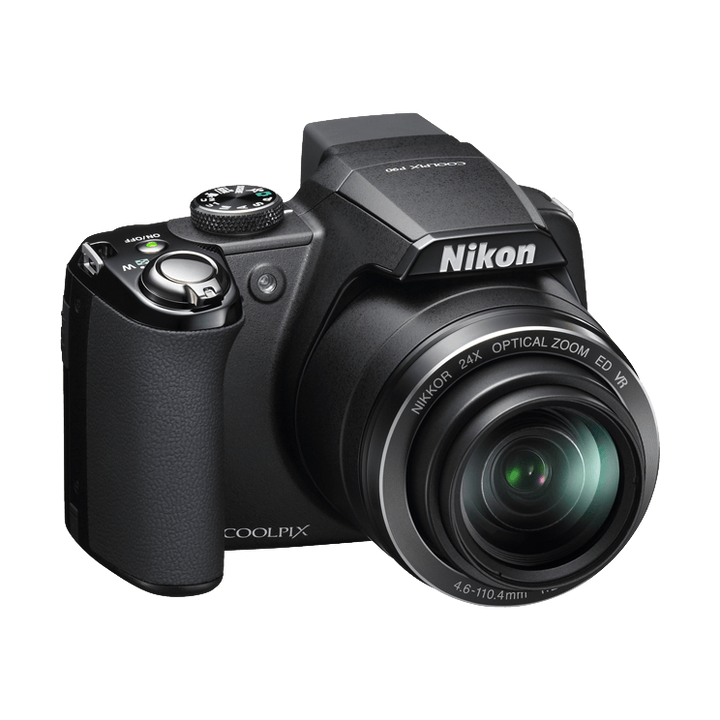 ClubCamera.com black Nikon COOLPIX P90 side profile highlighting rubberized handgrip, power switch, and NIKKOR 24x optical zoom barrel