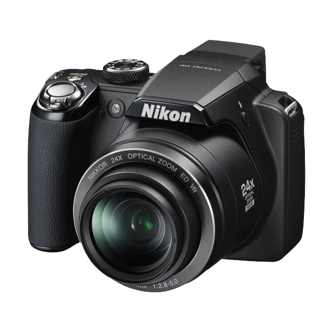 ClubCamera.com black Nikon COOLPIX P90 digital camera front-three-quarter view with textured grip and NIKKOR 24x zoom lens