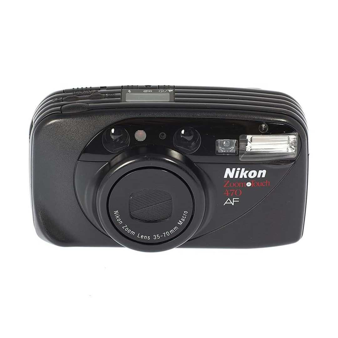 Front view of black Nikon Zoom Touch 470 AF 35mm film camera with retracted 35-70mm zoom lens and dual autofocus sensors by ClubCamera.com