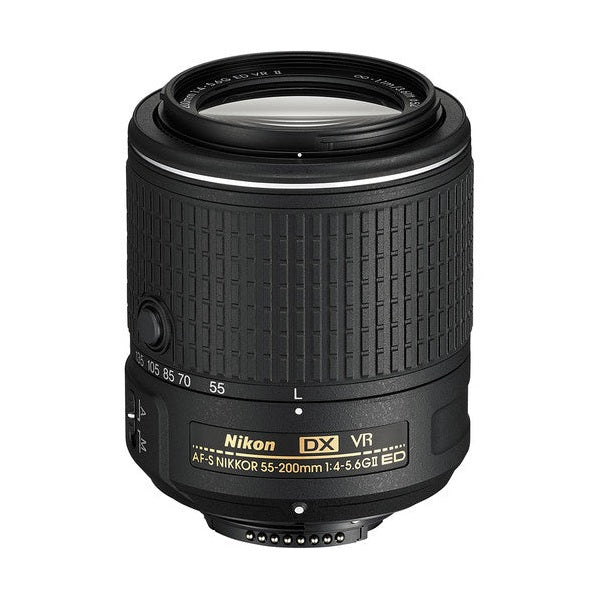 Side view of black Nikon 55-200mm f/4-5.6G ED VR II lens showing gold label at ClubCamera