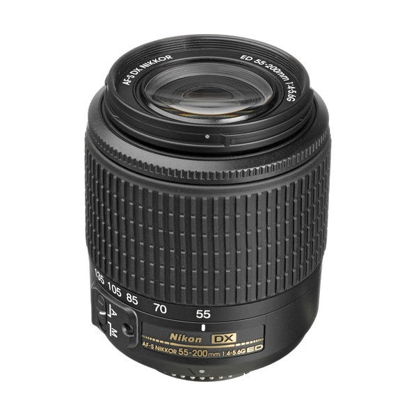 ClubCamera Nikon DX 55-200mm lens front view showing convex element, engraved rim text, and matte finish