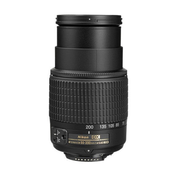 ClubCamera black Nikon telephoto zoom lens standing upright with front cap attached and extended barrel