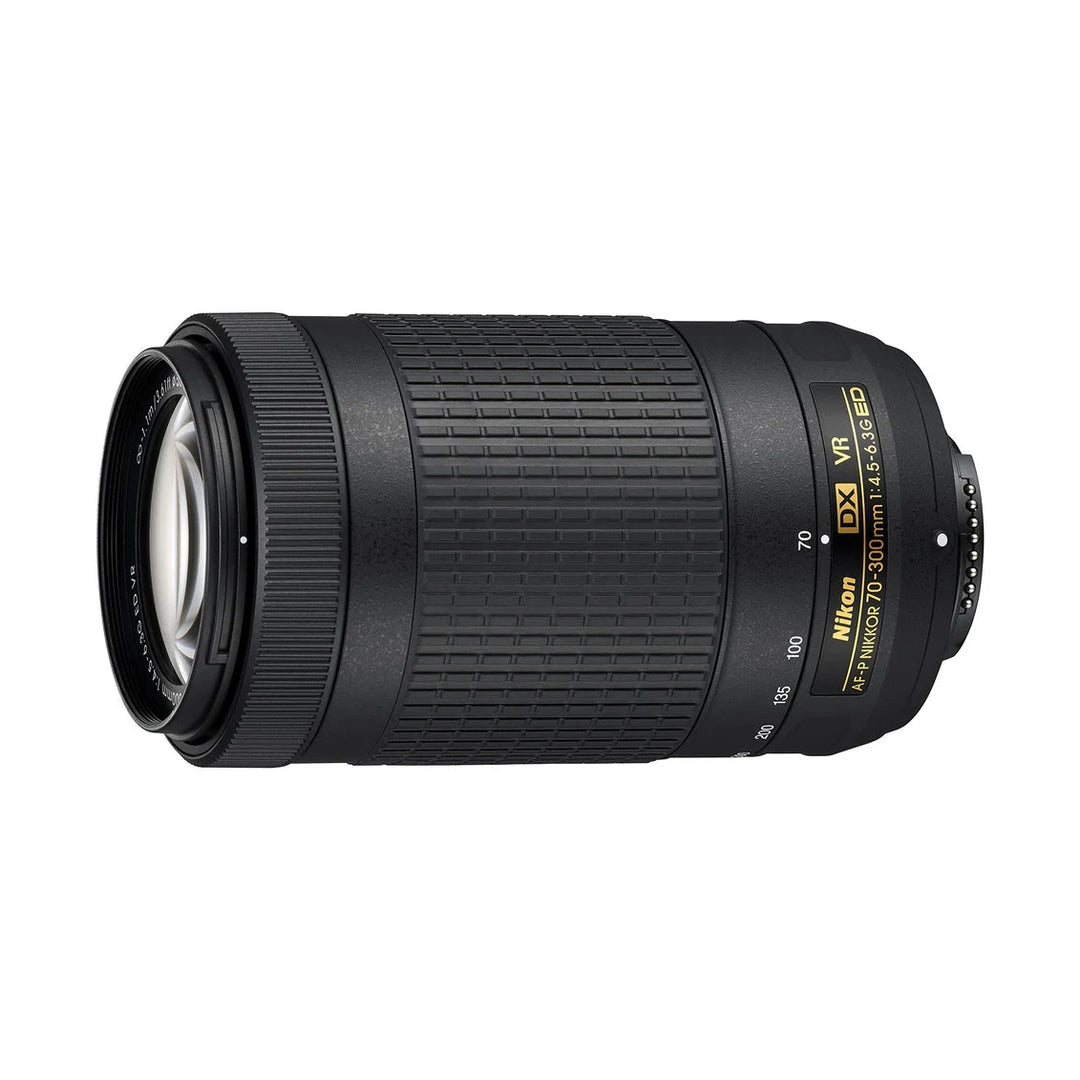 Nikon AF-P DX NIKKOR 70-300mm f/4.5-6.3G ED VR lens at ClubCamera.com showing textured grip and yellow spec label