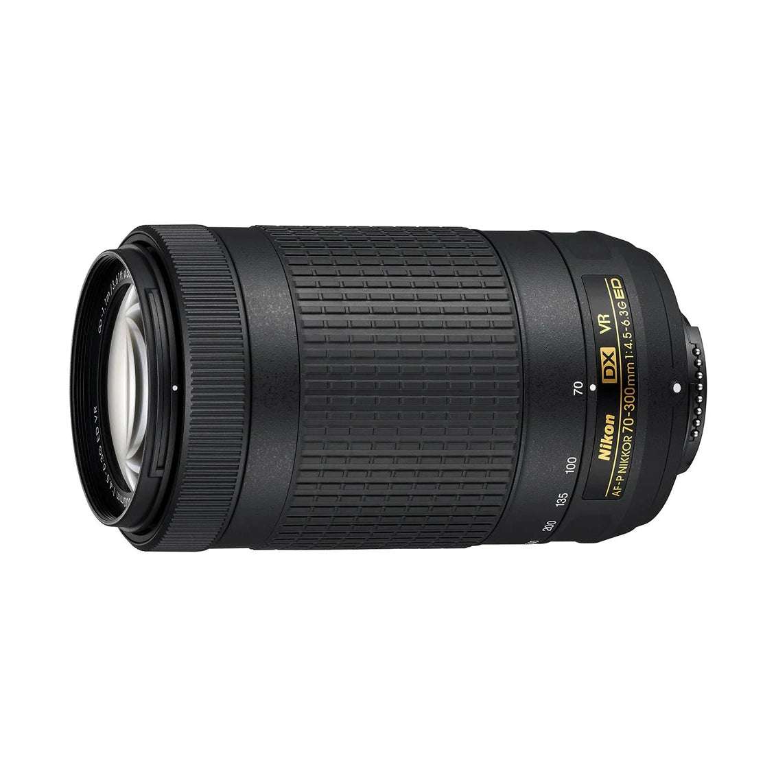 Nikon AF-P DX NIKKOR 70-300mm f/4.5-6.3G ED VR lens at ClubCamera.com showing textured grip and yellow spec label