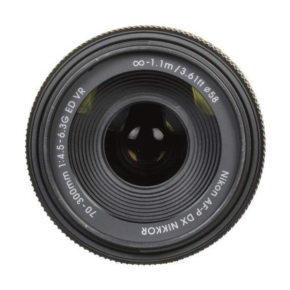 Front view of black Nikon AF-P DX NIKKOR 70-300mm telephoto lens with engraved white text and knurled focus ring